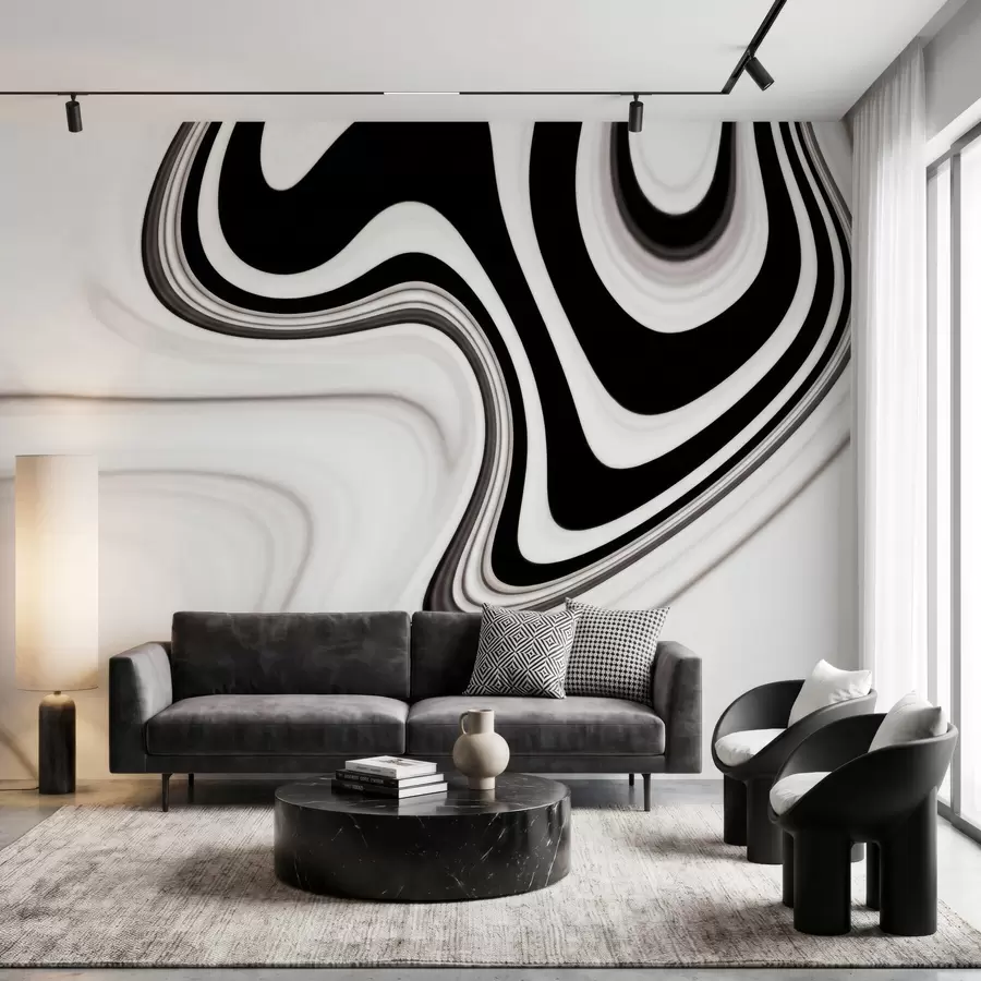 murales de pared Mural abstracto con ondulaciones fluidas en blanco y negro, de estilo minimalista moderno w09877