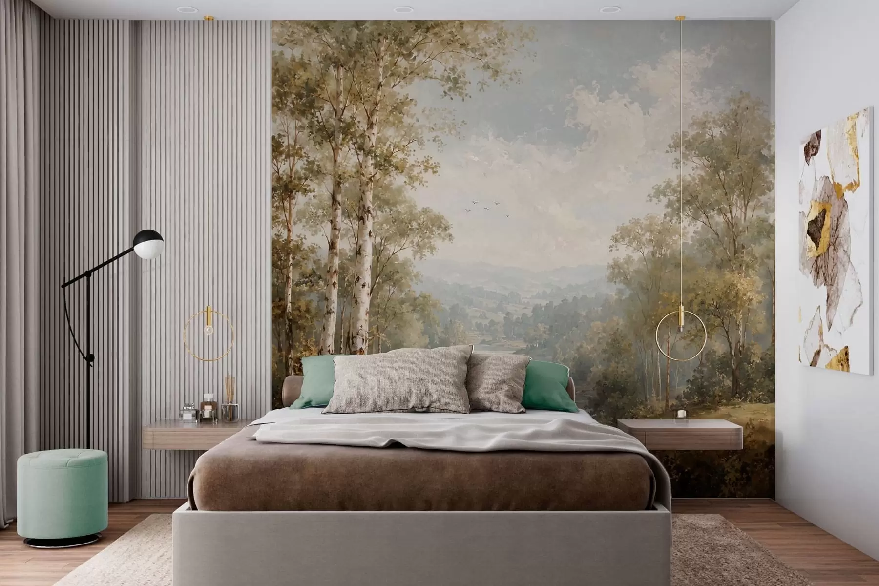 murales de pared Paisaje fluvial luminoso con abedules y nubes w05685