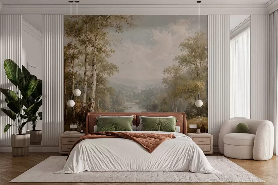 murales de pared Paisaje fluvial luminoso con abedules y nubes w05685