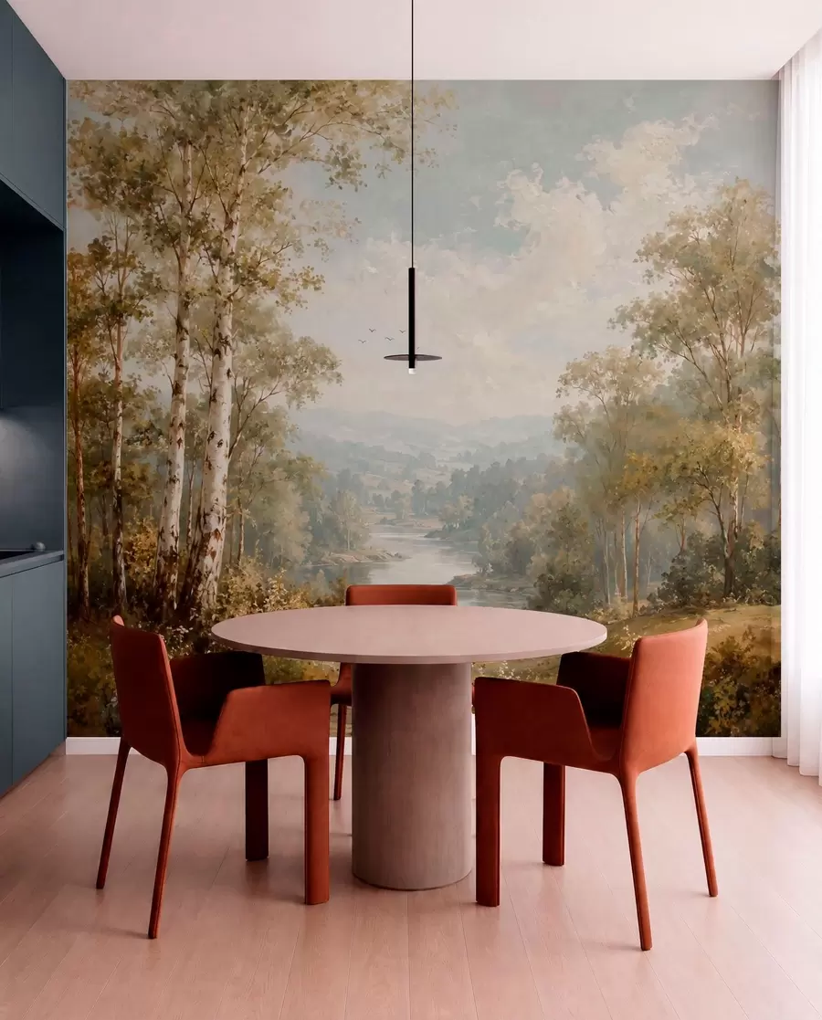 murales de pared Paisaje fluvial luminoso con abedules y nubes w05685