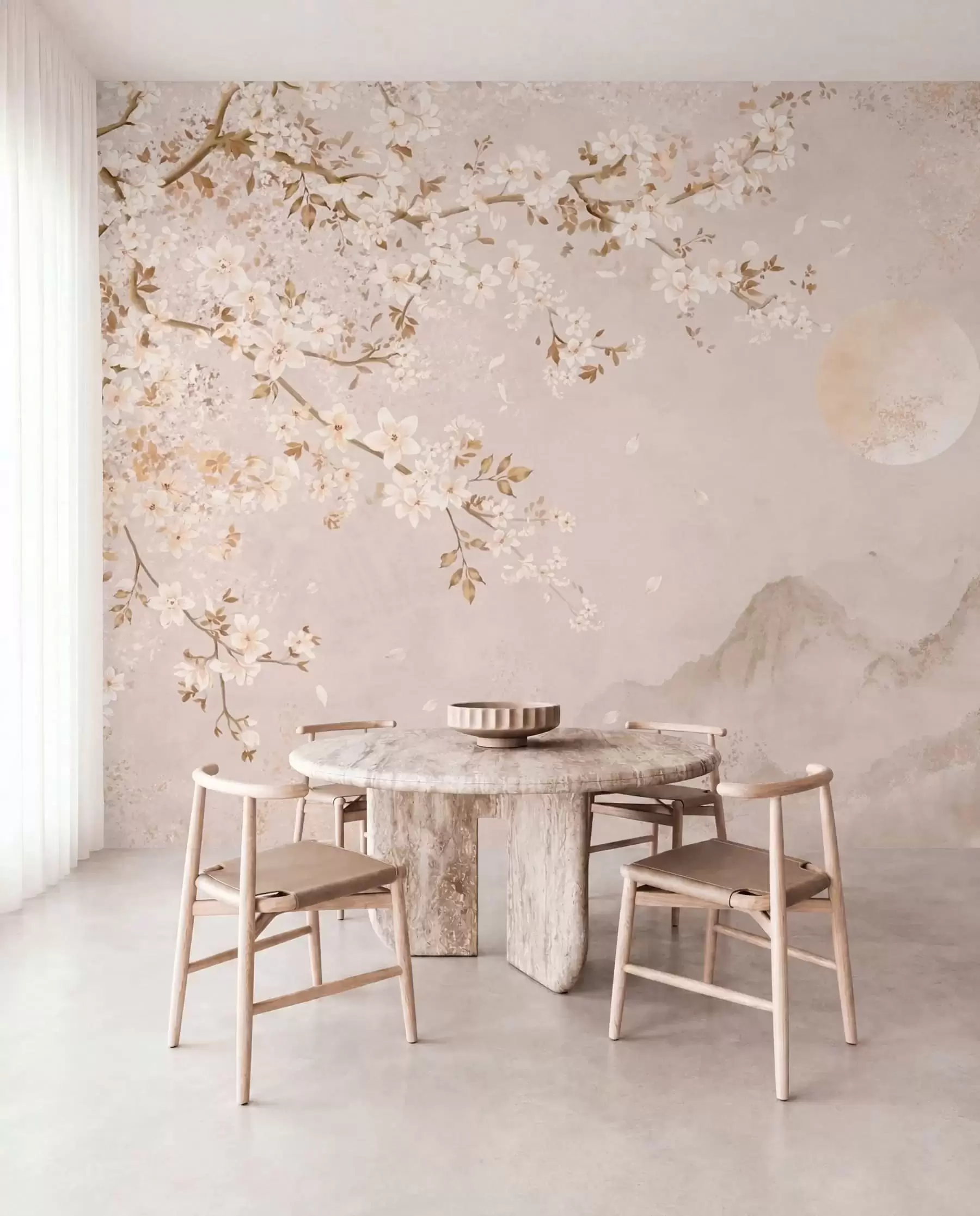 murales de pared Una rama en flor sobre las montañas envueltas en niebla y el sol w05695