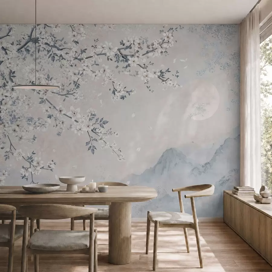 murales de pared Una delicada rama en flor sobre montañas envueltas en niebla y la luna w05695v2