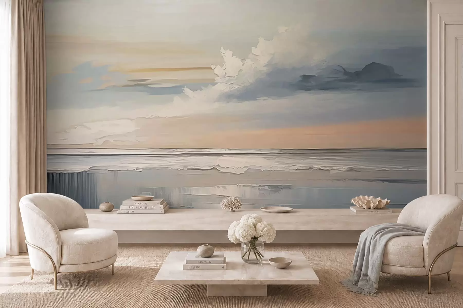 murales de pared Costa en tonos pastel con nubes y reflejos en el agua w05687