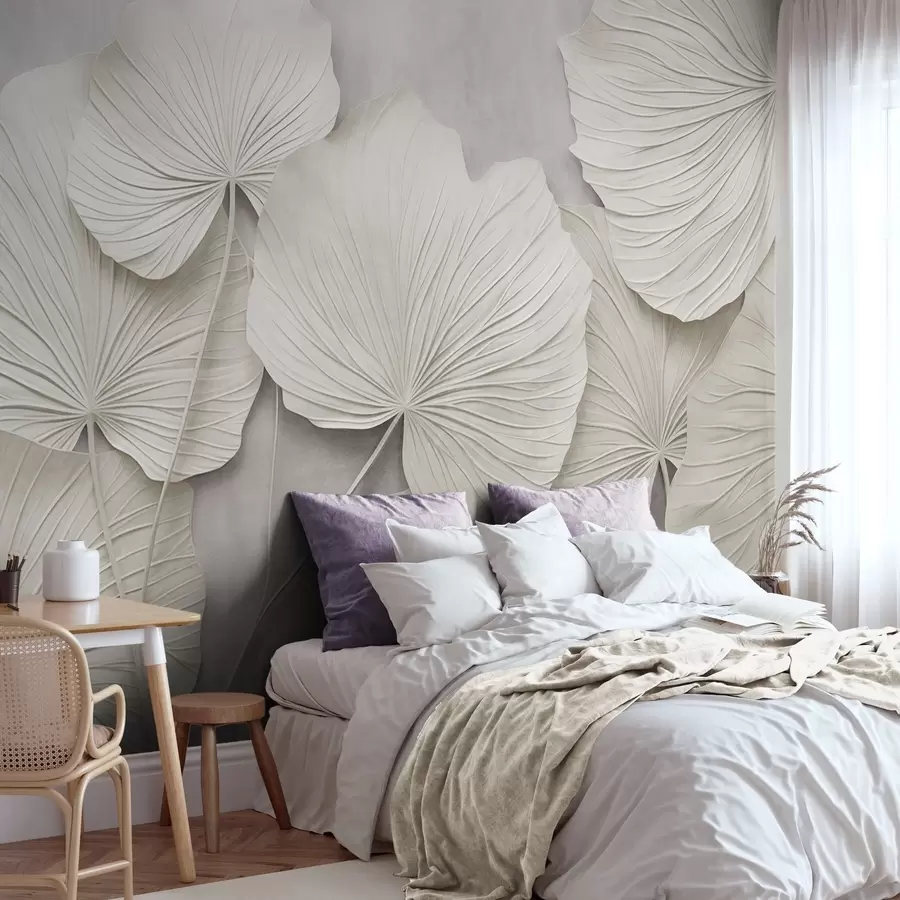 murales de pared Hojas grandes y con textura sobre un fondo suave y apagado; arte moderno minimalista w09897