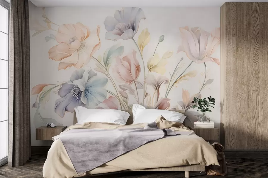 murales de pared Delicadas flores en tonos pastel de rosa, azul y amarillo con hojas verdes, sobre un fondo claro w09898