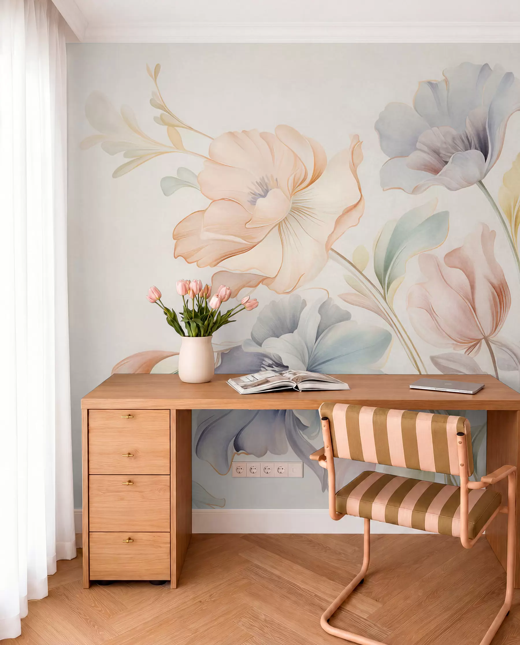 murales de pared Delicadas flores en tonos pastel de rosa, azul y amarillo con hojas verdes, sobre un fondo claro w09898