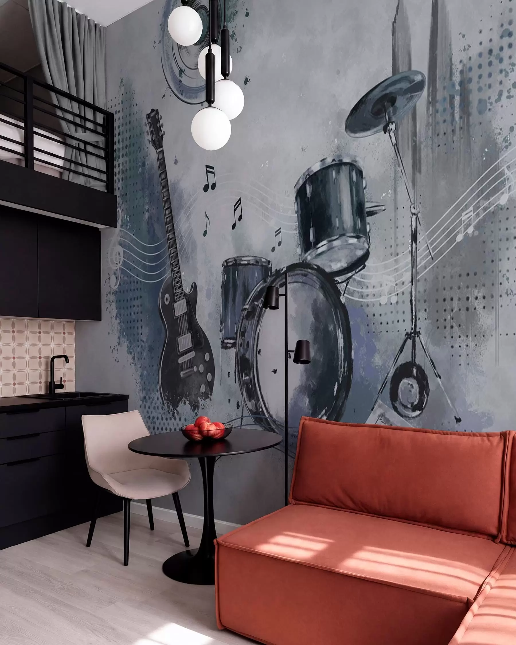 murales de pared Guitarra y batería con notas musicales w05546