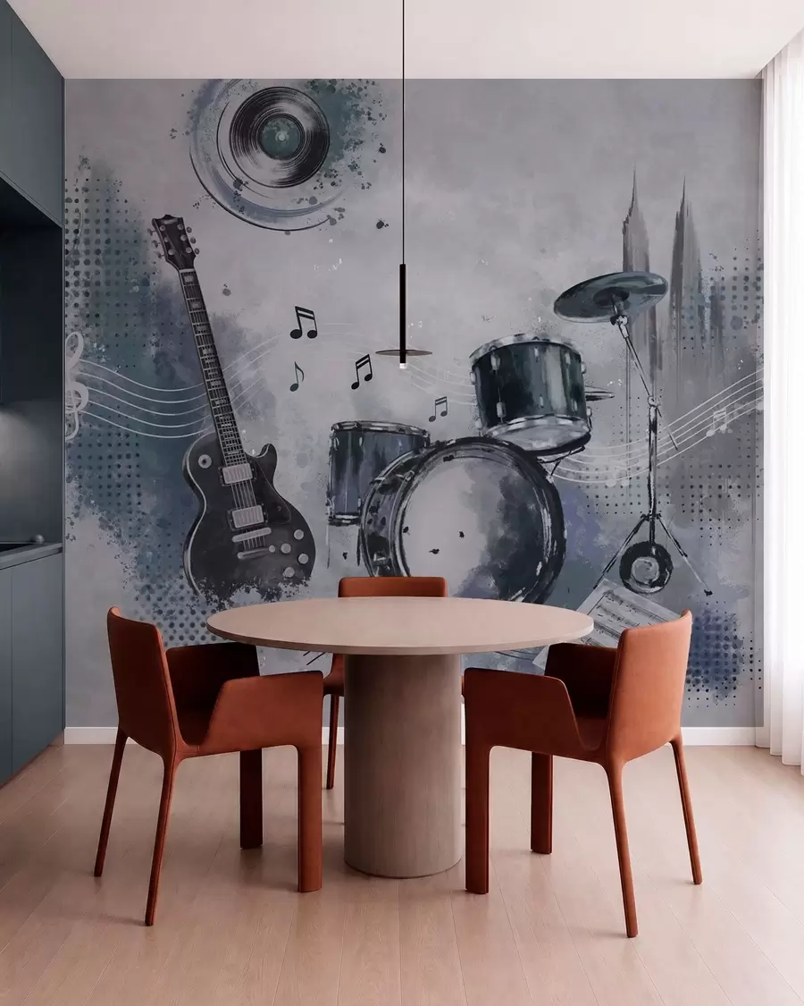 murales de pared Guitarra y batería con notas musicales w05546