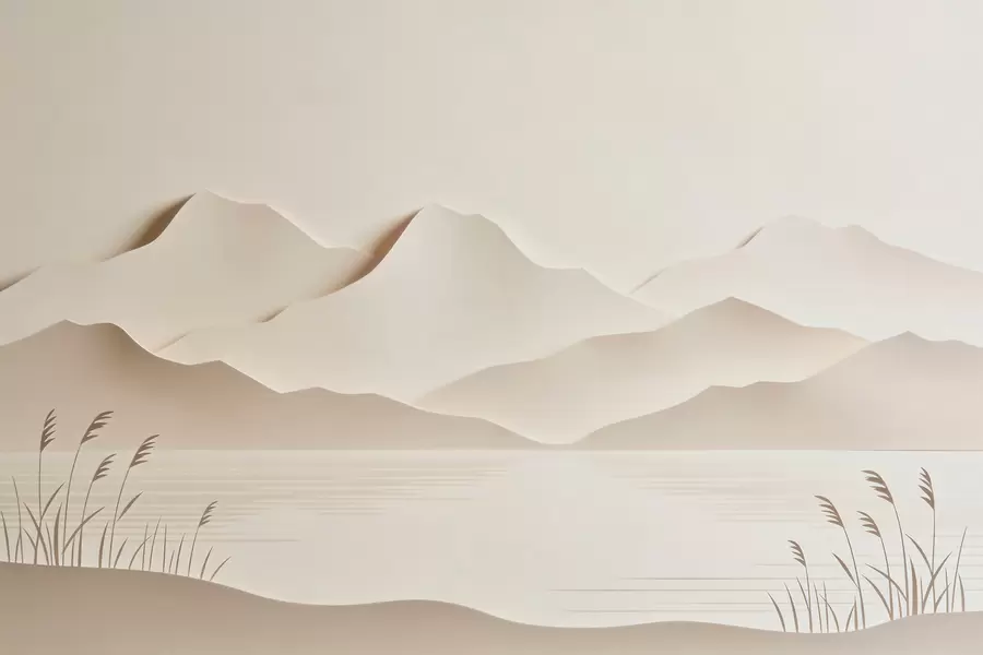 murales de pared Paisaje montañoso con varias capas sobre un lago tranquilo, en una cálida gama de tonos beige w09876