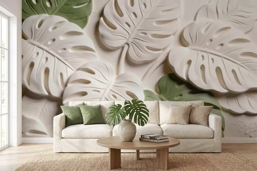 murales de pared Hojas de monstera botánicas en relieve en tonos crema y verde w09883