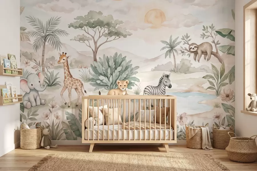 murales de pared Escena de safari pintada en acuarela con animales en delicados tonos pastel, en la que aparecen una jirafa, un elefante bebé, una cebra y un cachorro de león w09888