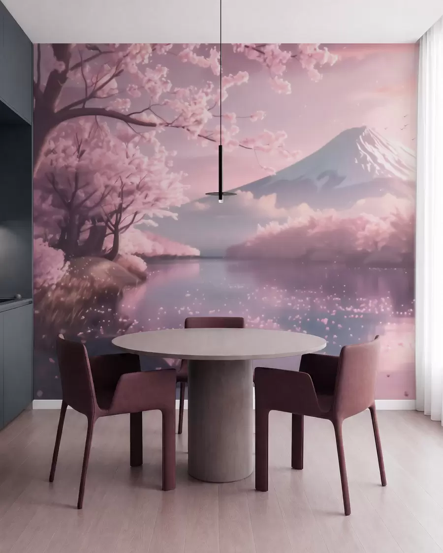 murales de pared Sereno paisaje japonés con cerezos en flor y un lago de montaña al amanecer w09864