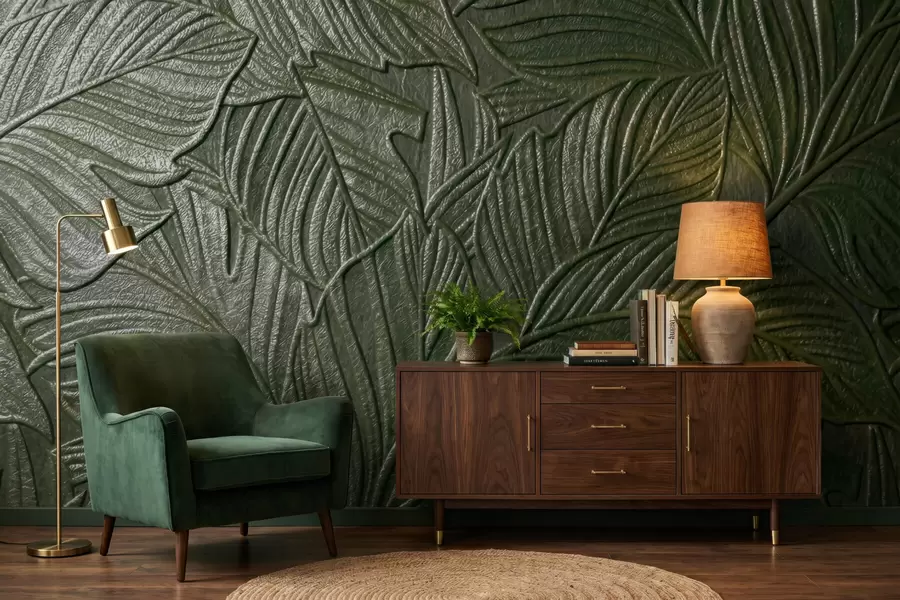 murales de pared Hojas tropicales en relieve con un delicado diseño en exuberantes tonos verdes w09886v1