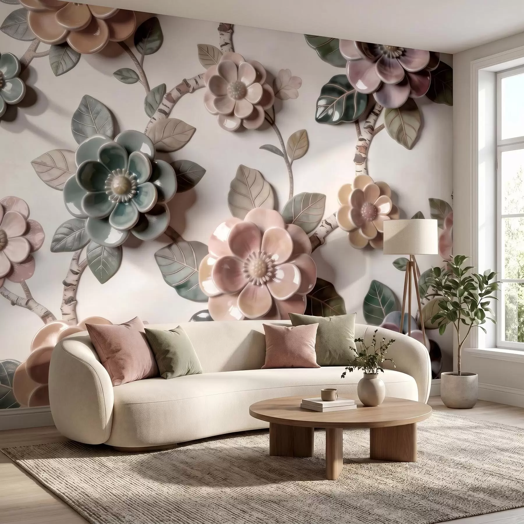 murales de pared Flores de cerámica tridimensionales en una suave gama de colores pastel w09887