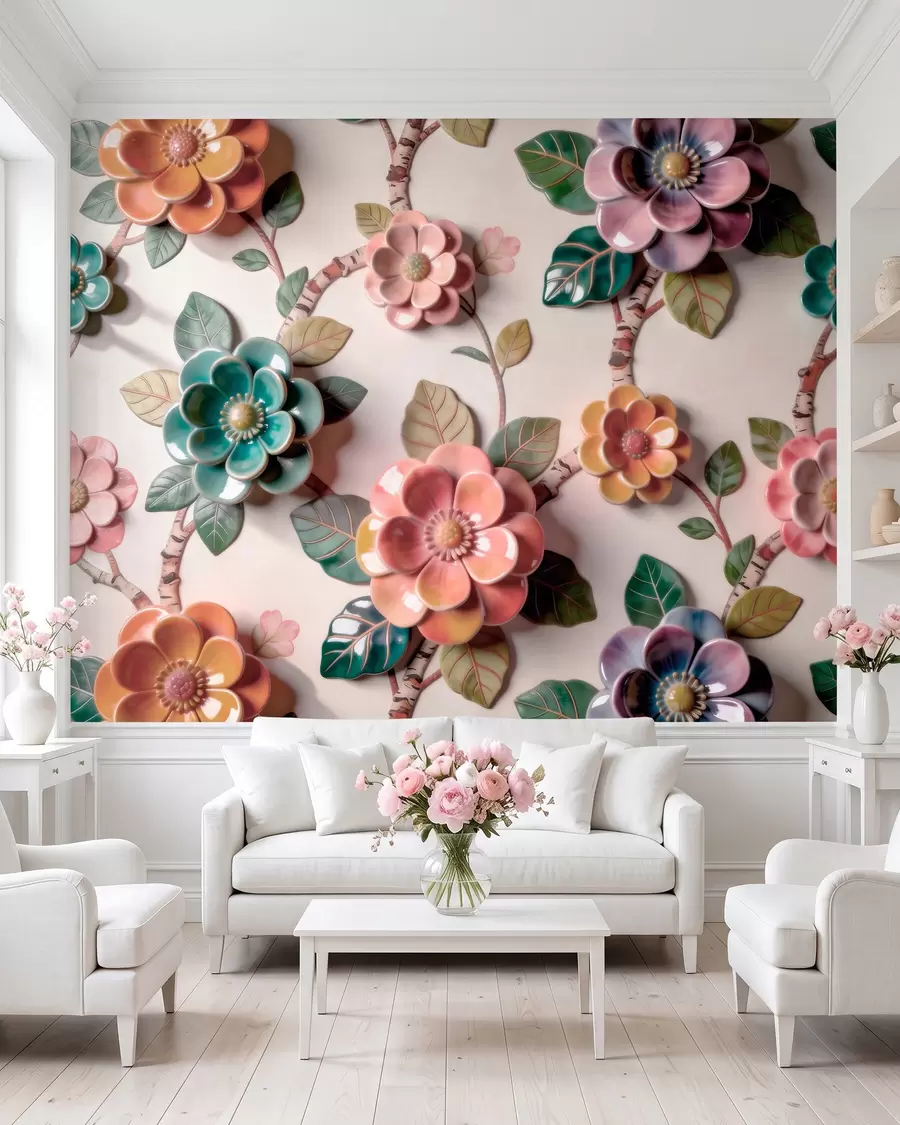 murales de pared Flores y hojas de cerámica tridimensionales en una paleta de colores vivos w09887v2