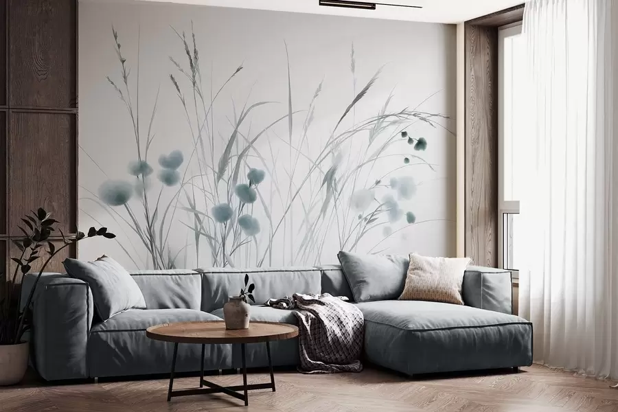 murales de pared Hierbas altas y pequeñas flores silvestres azules sobre un fondo pálido, con un estilo boho lleno de textura w09902v1