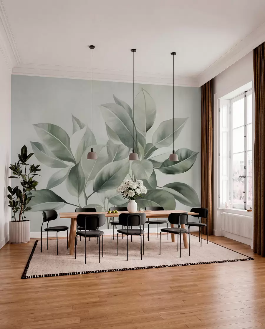 murales de pared Hojas de color verde claro sobre un fondo pálido y suave, con textura de estilo boho w09909