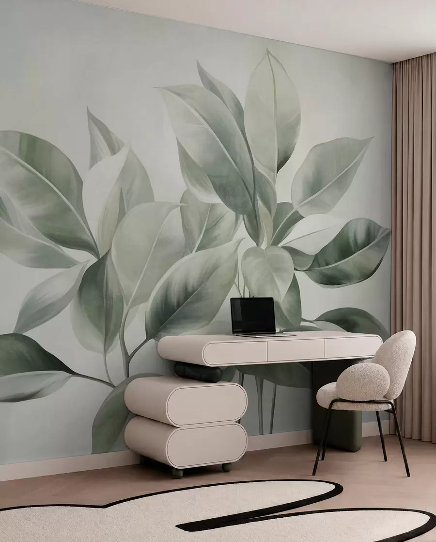 murales de pared Hojas de color verde claro sobre un fondo pálido y suave, con textura de estilo boho w09909