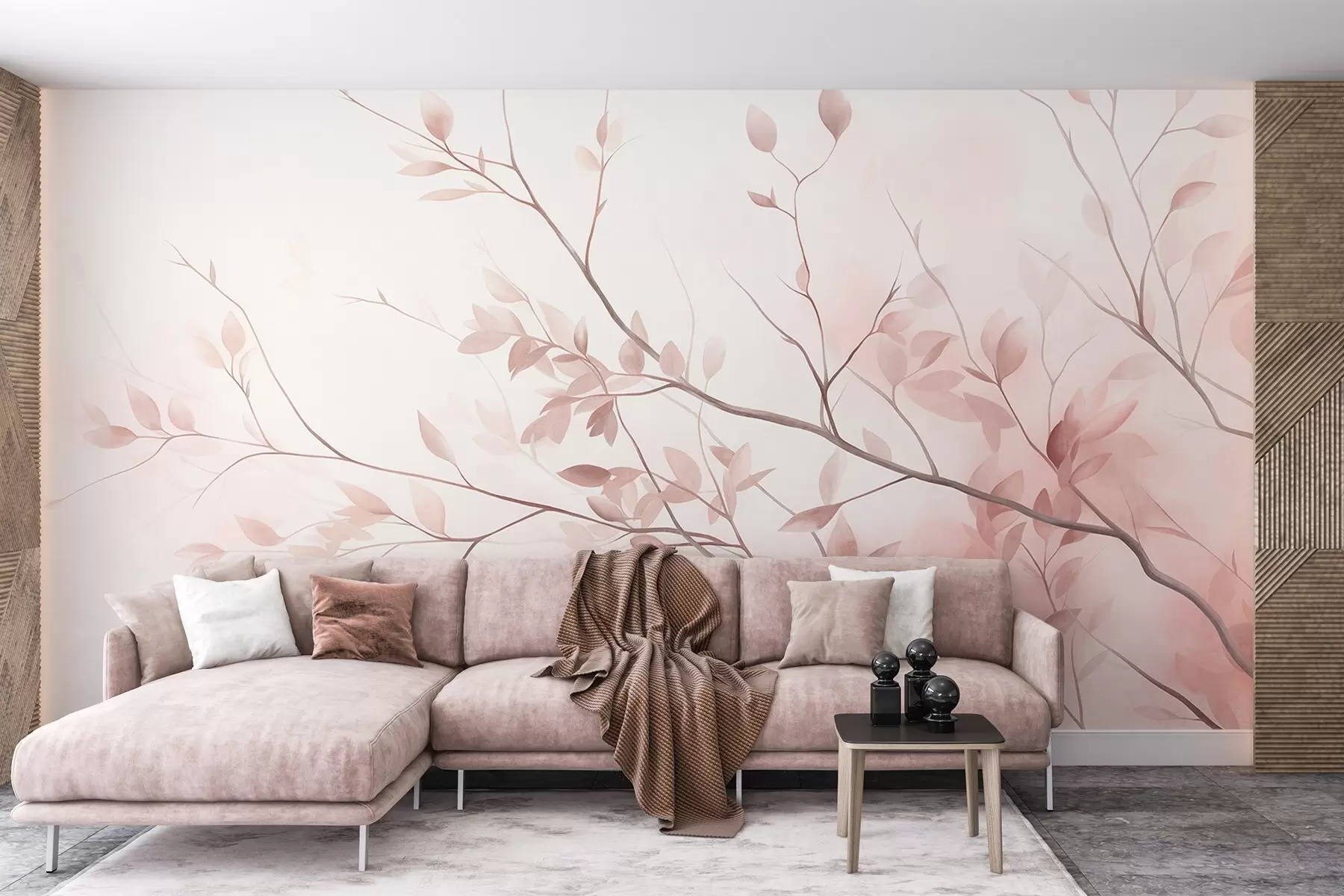 murales de pared Ramas delicadas con hojas de un rosa suave sobre un fondo pálido, al estilo de la acuarela w09910