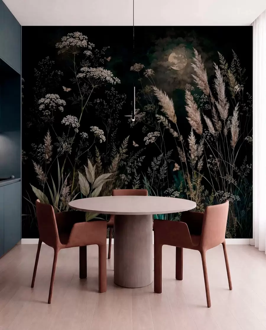 murales de pared Pradera a la luz de la luna con hierbas y flores silvestres w05701