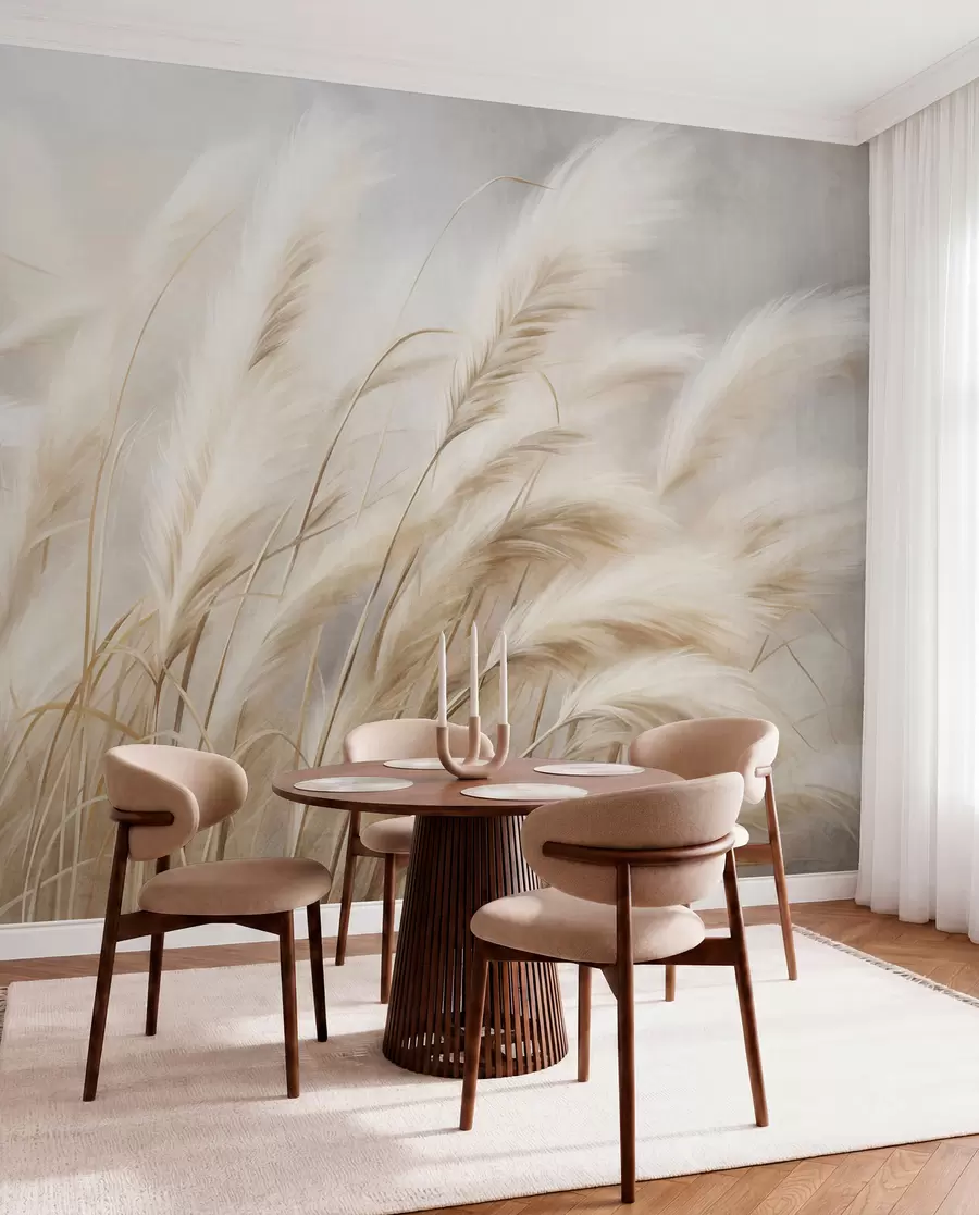 murales de pared Alta hierba de la pampa que se mece suavemente con el viento sobre un fondo suave y apagado; obra de arte con textura w09825
