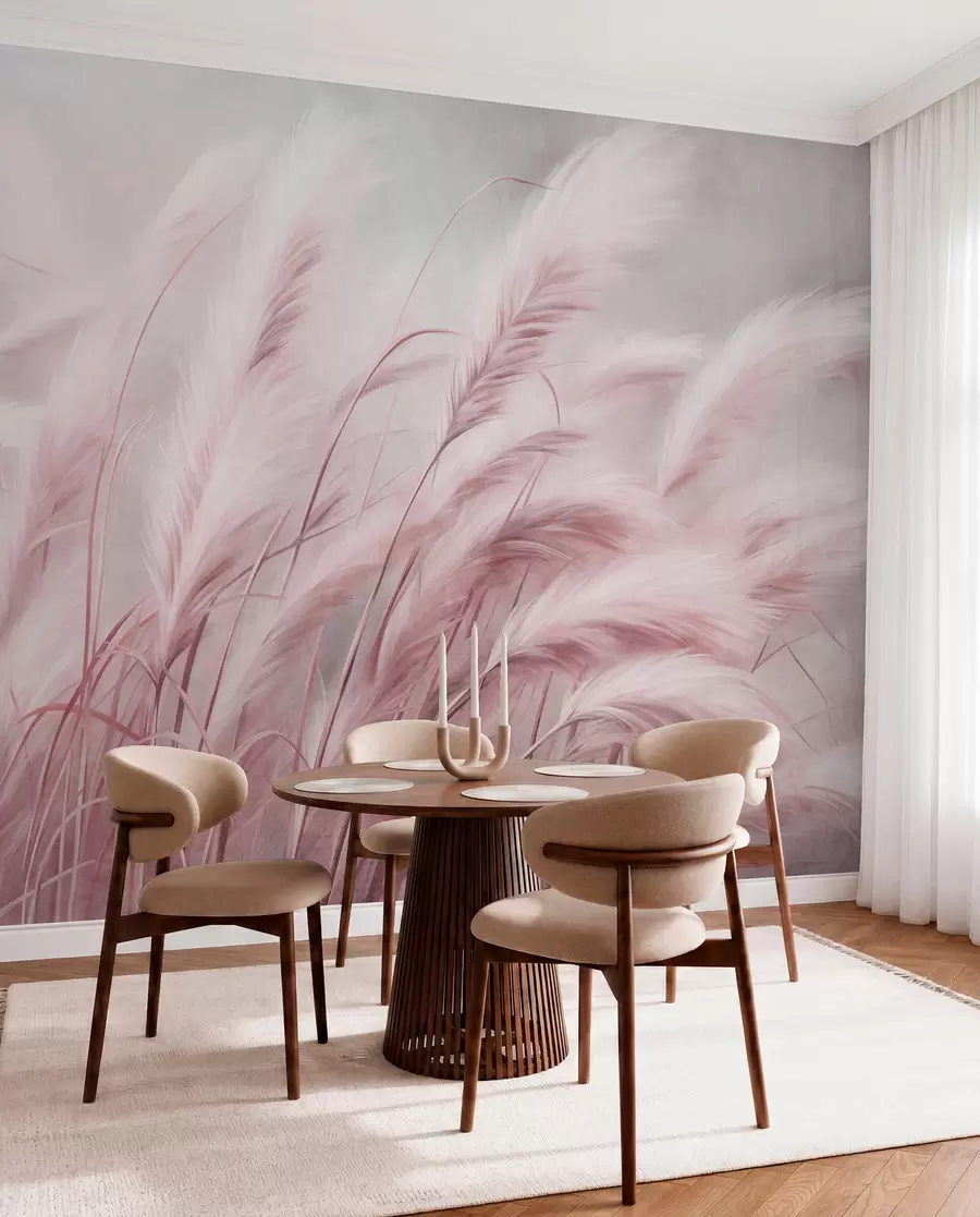 murales de pared Alta hierba de la pampa que se mece suavemente con el viento sobre un fondo suave y apagado; obra de arte con textura w09825v1