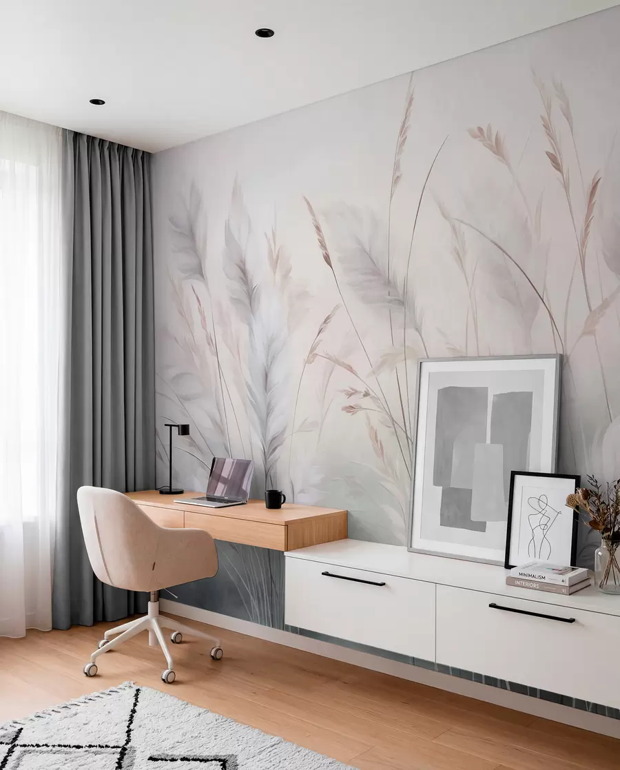 murales de pared Hierbas altas y plumosas que se mecen suavemente sobre un fondo suave y tenue: un delicado arte natural w09831