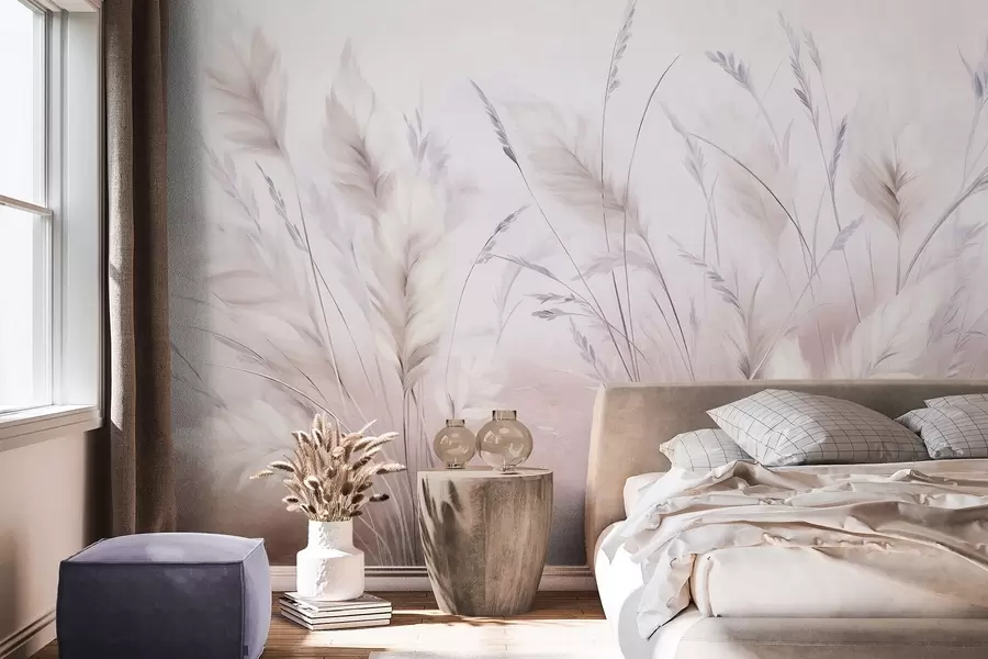murales de pared Hierbas altas y plumosas que se mecen suavemente sobre un fondo suave y tenue: un delicado arte natural w09831v1