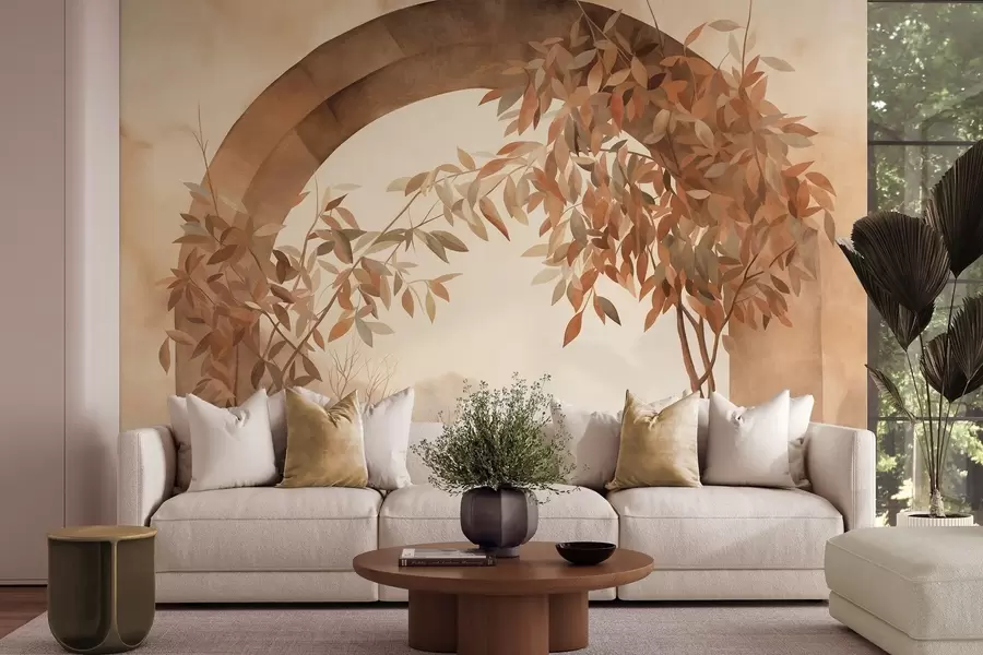 murales de pared Un arco con un paisaje, árboles y follaje en suaves tonos otoñales, obra de arte con textura w09907