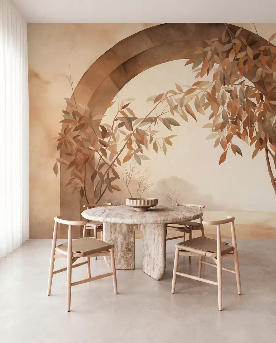 murales de pared Un arco con un paisaje, árboles y follaje en suaves tonos otoñales, obra de arte con textura w09907