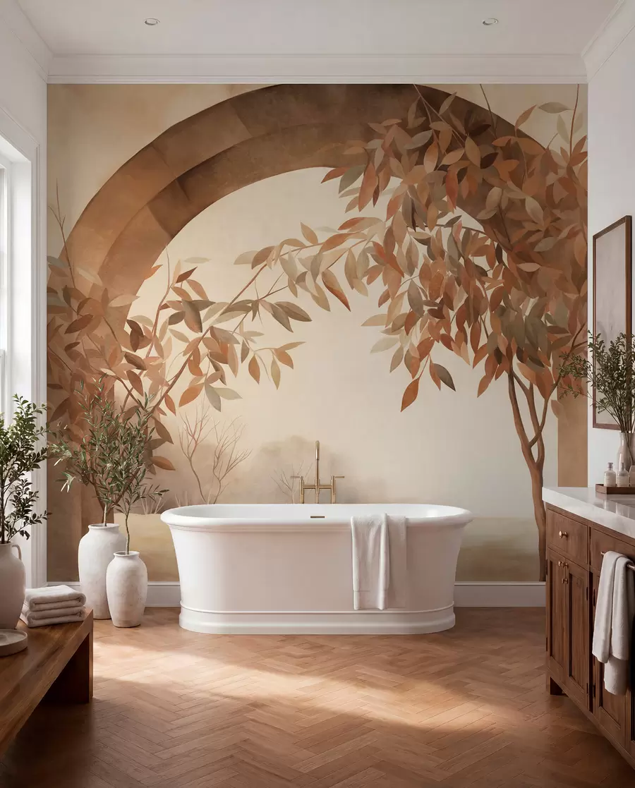 murales de pared Un arco con un paisaje, árboles y follaje en suaves tonos otoñales, obra de arte con textura w09907