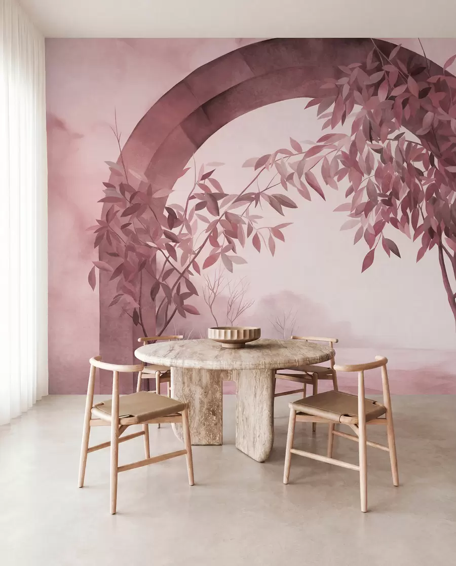 murales de pared Un arco con un paisaje, árboles y follaje en tonos rosas y grises apagados; obra de arte con textura w09907v1