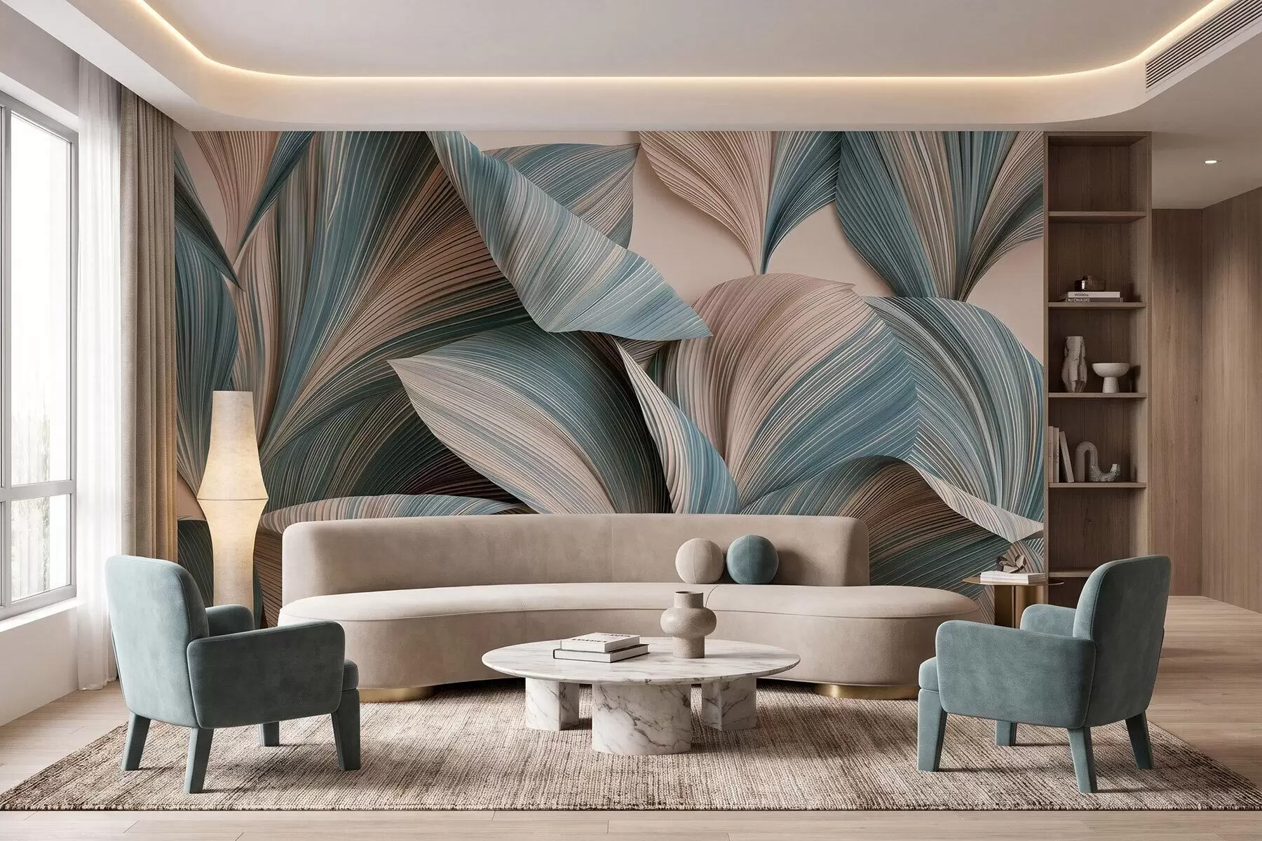 murales de pared Hojas tropicales con volumen en tonos beige y azules suaves w09914