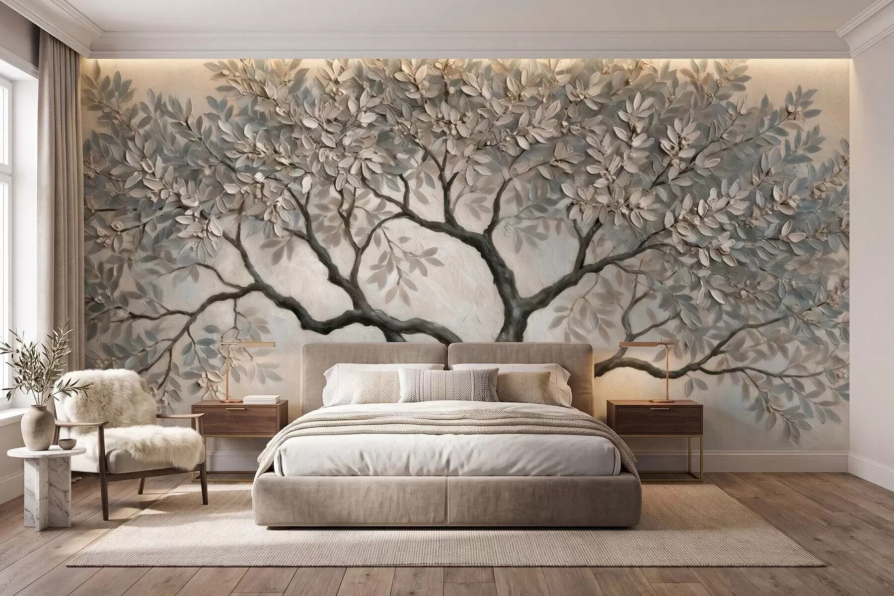 murales de pared Árbol pintado al óleo en tonos grises y beige naturales y tranquilos w09919