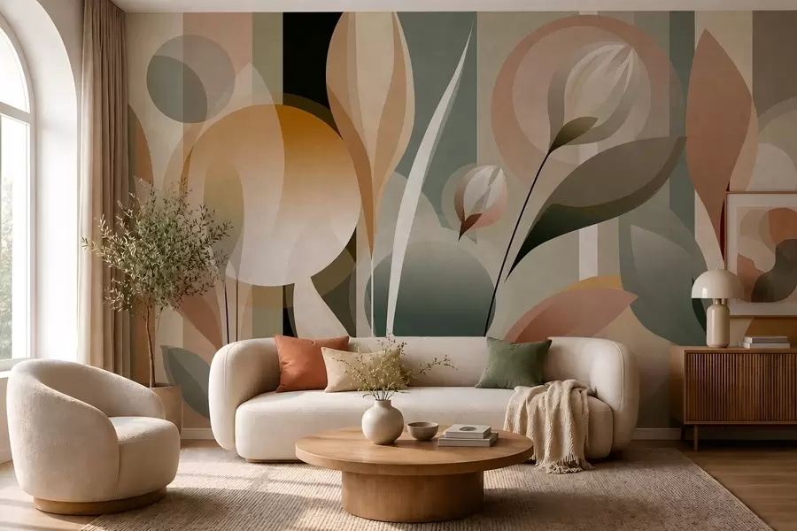 murales de pared una abstracción estilizada en la que aparecen plantas en colores naturales w05750
