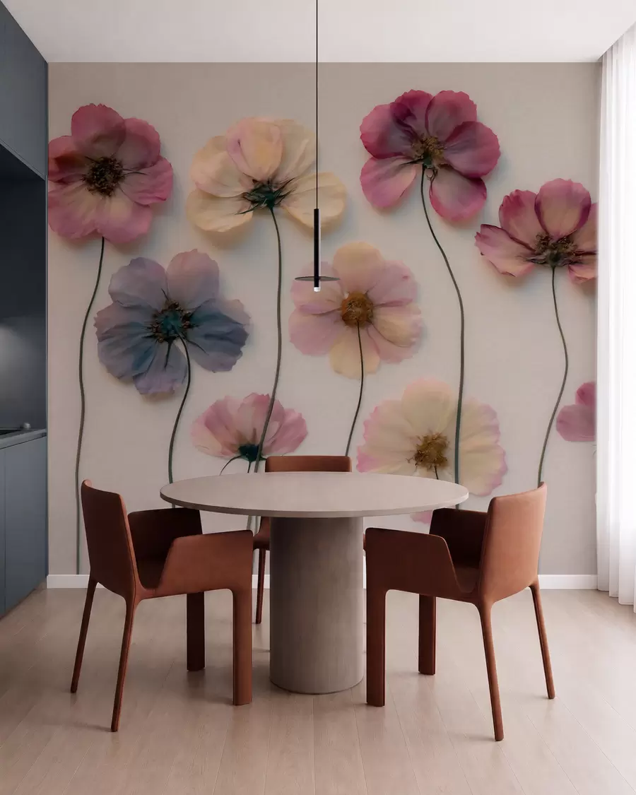 murales de pared Composición de herbario con efecto de flores prensadas y textura en 3D w09911