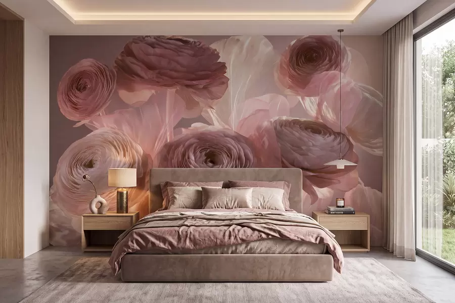 murales de pared Grandes flores de ranúnculo de estilo artístico en suaves tonos rosa y crema w09921
