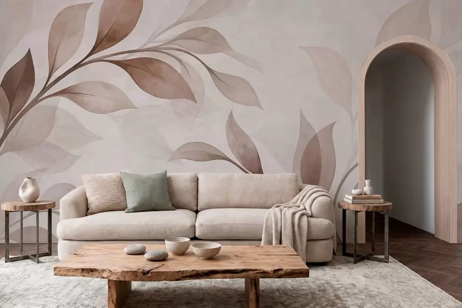 murales de pared Hojas grandes en tonos cálidos de beige y marrón w05693v1