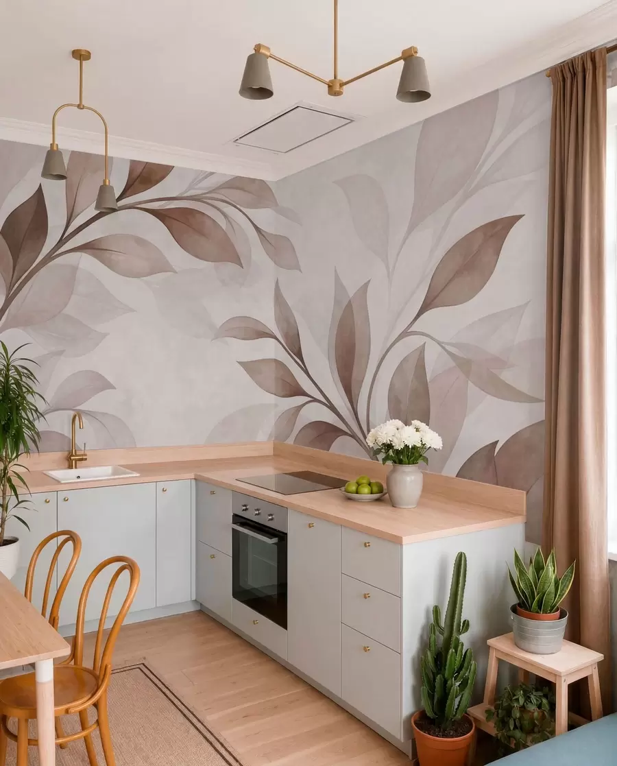 murales de pared Hojas grandes en tonos cálidos de beige y marrón w05693v1