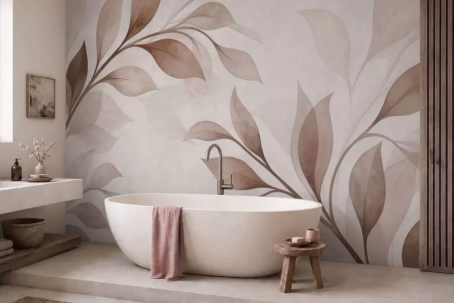 murales de pared Hojas grandes en tonos cálidos de beige y marrón w05693v1