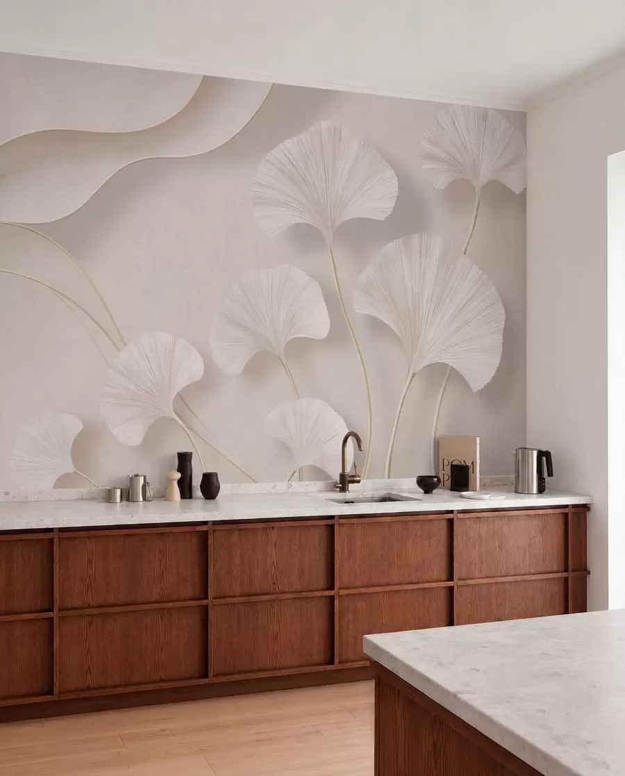 murales de pared Hojas de ginkgo de color claro sobre un fondo de mármol suave w05734v1