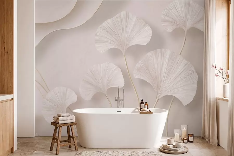 murales de pared Hojas de ginkgo de color claro sobre un fondo de mármol suave w05734v1