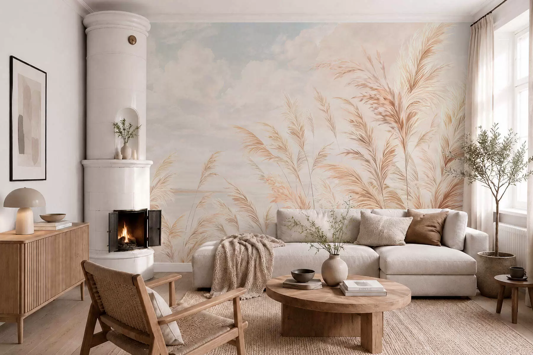 murales de pared Tallos suaves y altos de trigo y hierba bajo un cielo nublado w05735