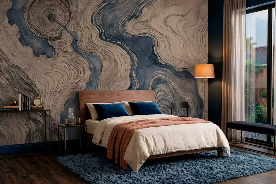 murales de pared Un estampado abstracto con un diseño lineal que imita la veta de la madera en tonos azules w05729v1