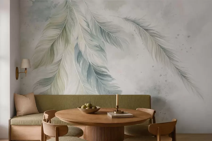 murales de pared Plumas de colores claros sobre un delicado fondo de acuarela w05737v2