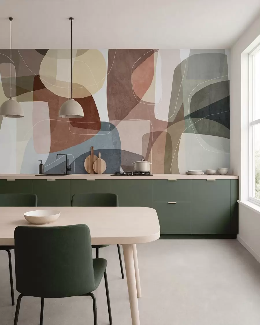 murales de pared Formas abstractas en tonos tierra apagados con finas líneas blancas y texturas superpuestas w09942v1