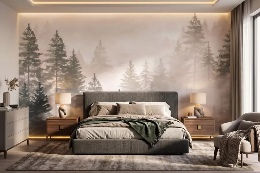 murales de pared Bosque de coníferas envuelto en niebla, en tonos verde oscuro, al estilo de la acuarela w09929