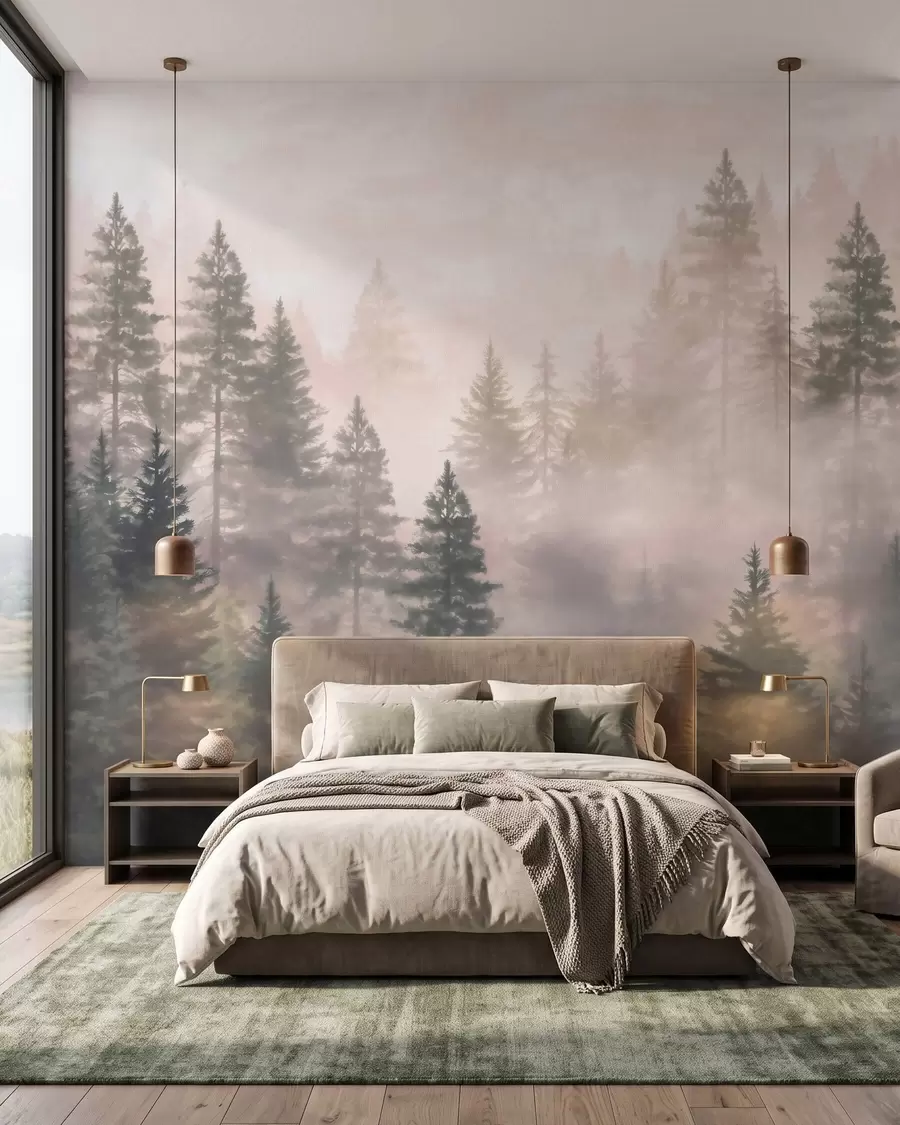 murales de pared Bosque de coníferas envuelto en niebla, en tonos verde oscuro, al estilo de la acuarela w09929