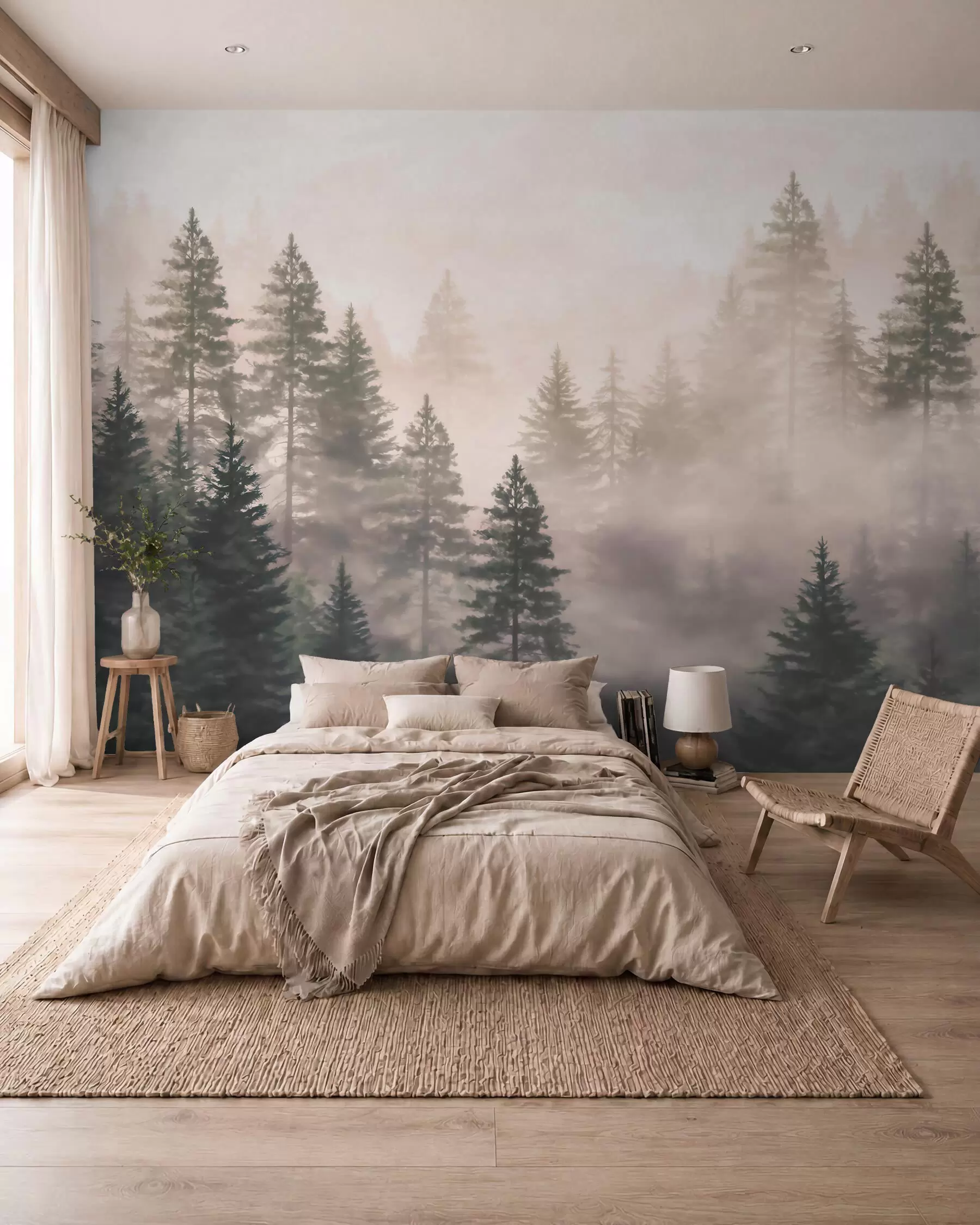 murales de pared Bosque de coníferas envuelto en niebla, en tonos verde oscuro, al estilo de la acuarela w09929