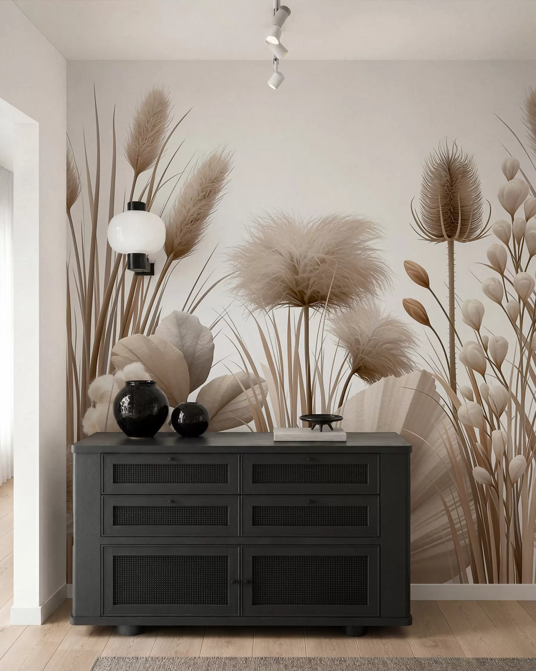 murales de pared Flores secas altas de color beige en tonos neutros w09932